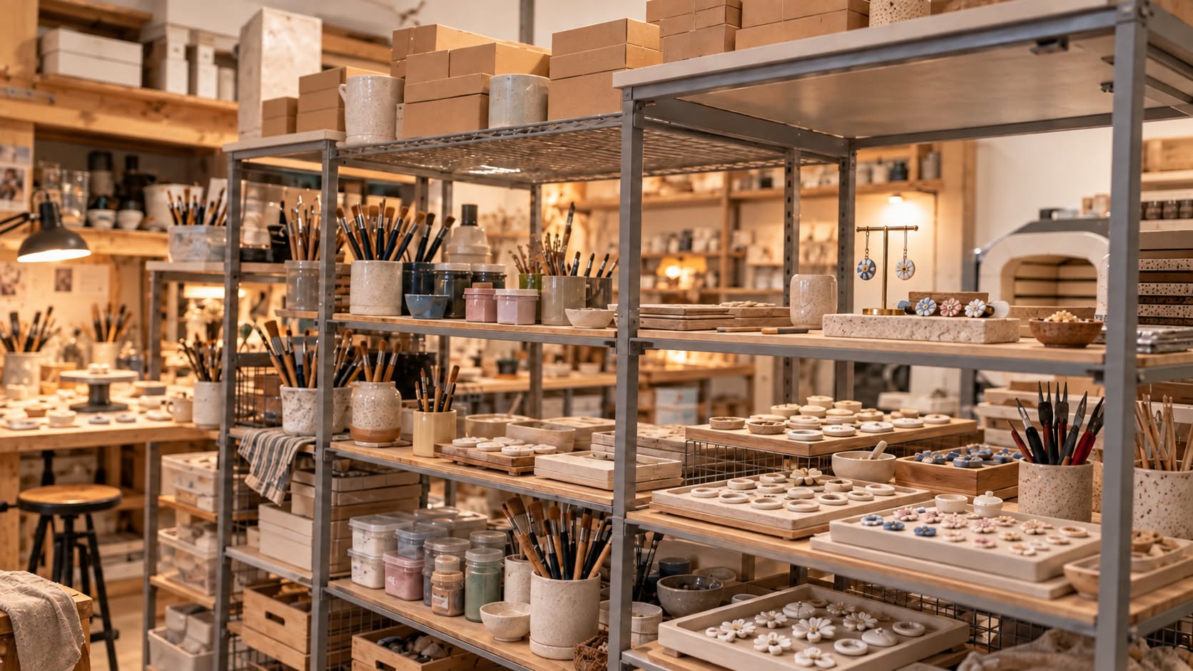 Műhelypolcok porcelánformákkal, ecsetekkel és ékszerekkel