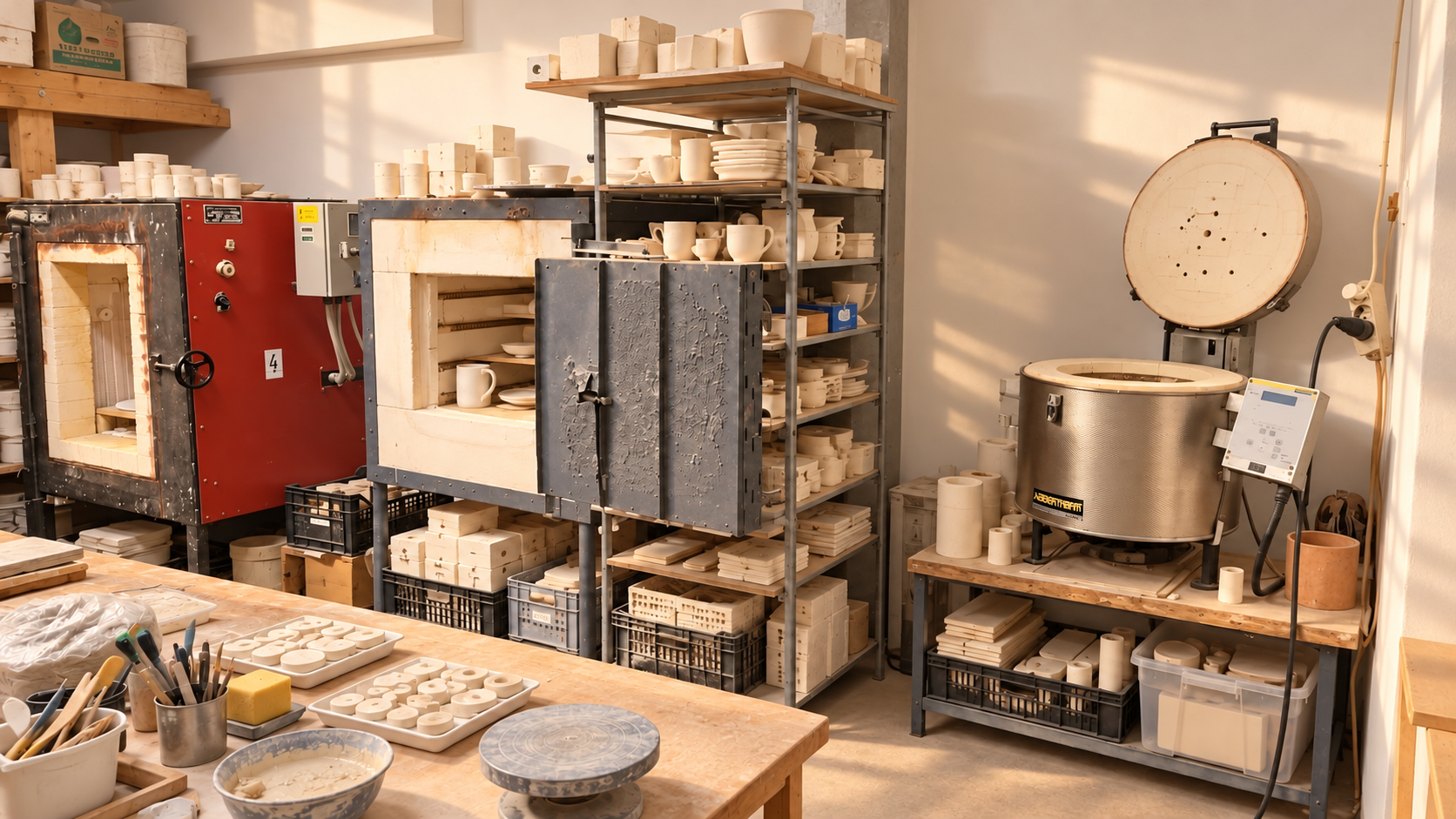 Égetőkemencék és porcelánformák a műhelyben